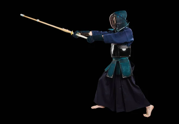 Ritratto Uomo Kendo Combattente Con Shinai Spada Bambù Girato Studio — Foto Stock