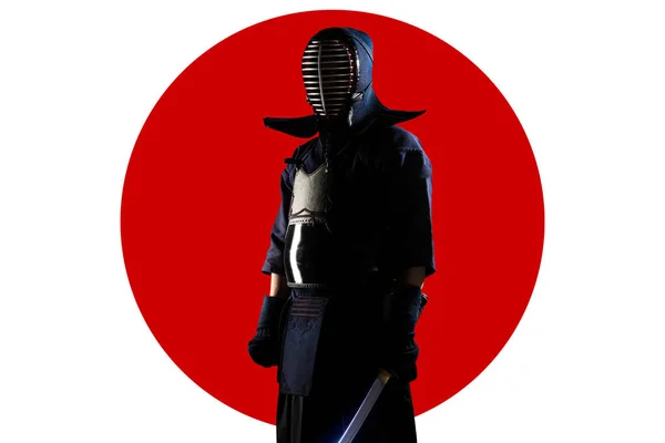 Male in tradition kendo armor with Samurai sword katana on red moon and white background. (unrecognizable person, dark mask) Shot in studio. Isolated with clipping path.