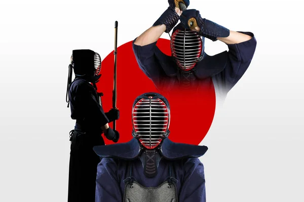 Colagem Lutador Kendo Com Espada Bambu Pessoa Irreconhecível Máscara Escura — Fotografia de Stock