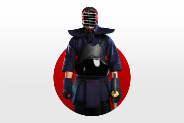 Kendo Lutador Com Espada Bambu Dentro Lua Vermelha Fundo Branco — Fotografia de Stock