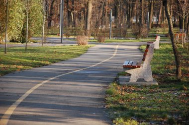 Bir ahşap Bank sonbaharda parkta.