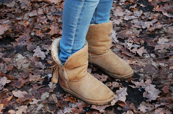 Bir Kızın Bacakları Sonbaharda Kahverengi Uggs Içinde Ayakkabılı — Stok fotoğraf