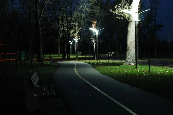 Mooi Park Nachts Banken Verlichting — Stockfoto