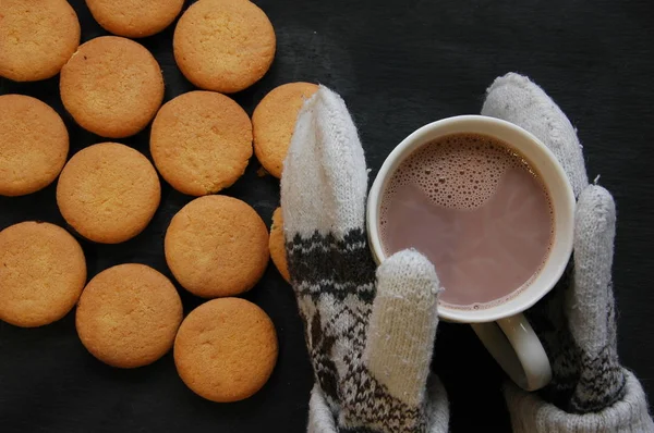 Lot Biscuits Cup Coffee Mittens Black Background — Stock Photo, Image