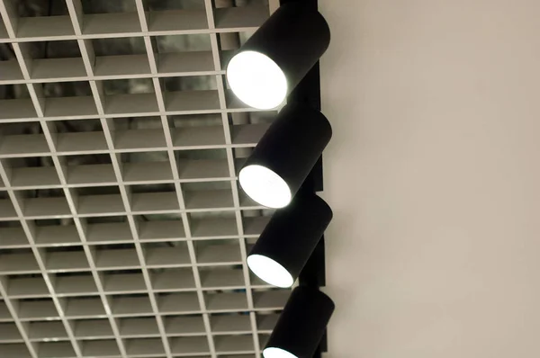 Several lamps on the ceiling of the store.