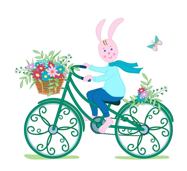 Bunny on Bicycle with flowers1-01 — Stock Vector