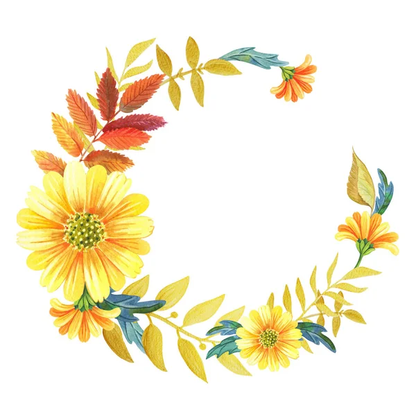 Akvarel květinový věnec žlutých květin, podzimní listy a zlaté větvičky. — Stock fotografie