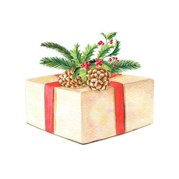 선물 상자, 전나무 가지, 원추형, 홀리 로 구성된 수채화. — 스톡 사진