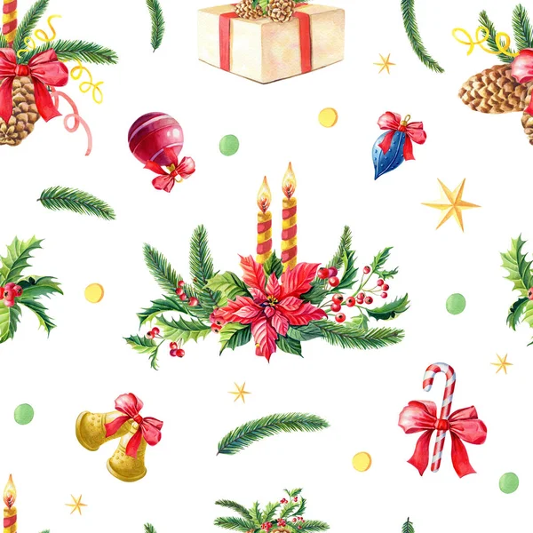 Christmas watercolor seamless pattern.Red poinsettia flower,Holly,candle,pine,green spruce,bow,gift on white background.Hand-drawn — Stock Photo, Image