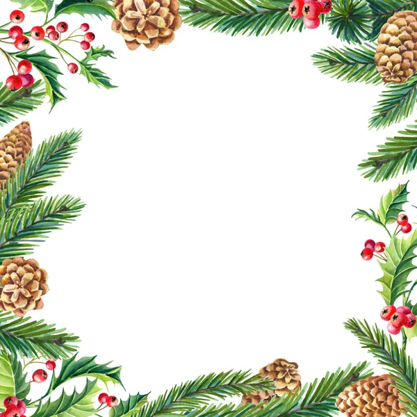 Aquarelle Cadre de Noël Houx, feuilles, baies, pin, épicéa vert, cônes de sapin sur fond blanc — Photo