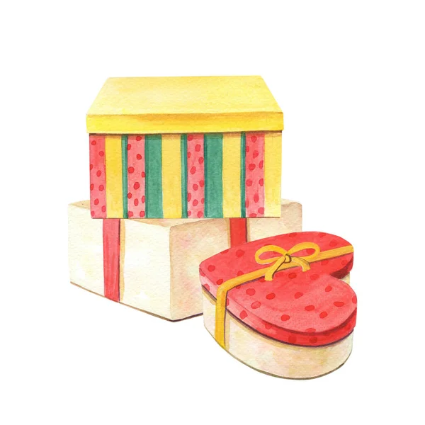 Watercolor gift boxes with bow . Watercolour Holiday illustration. — Stock Photo, Image