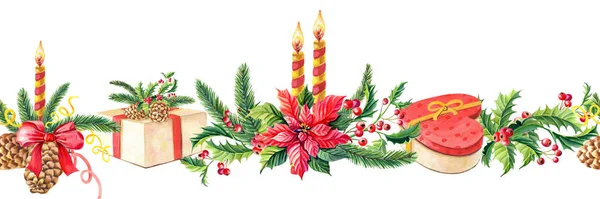 수채 색 메리 크리스마스 바다없는 경계선. 붉은 점착성 꽃이 달린 현수막, 홀리, 나뭇잎, 베리, 소나무, 가문비나무, 녹색, 촛불, 흰색 배경에 선물. — 스톡 사진
