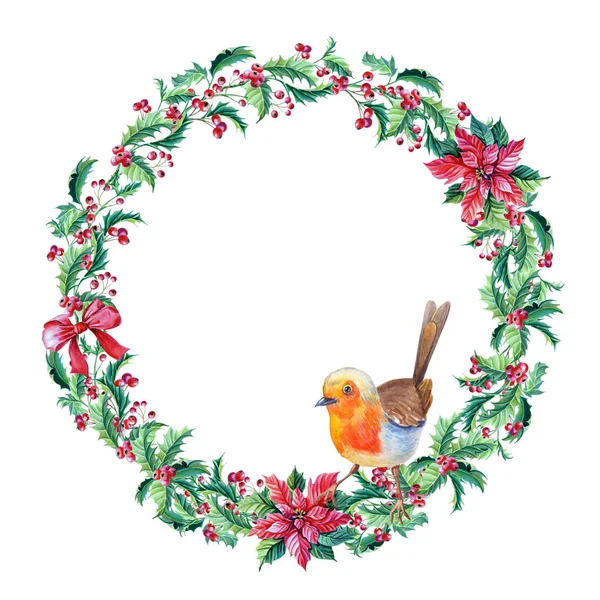 Couronne aquarelle avec Robin des neiges Aquarelle Hollys twig.Merry Christmas card.Illustration du Nouvel An . — Photo