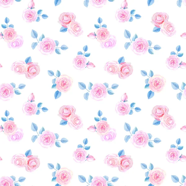 Flores de acuarela sobre fondo blanco. Modelo sin costuras con rosas de rosa. — Foto de Stock