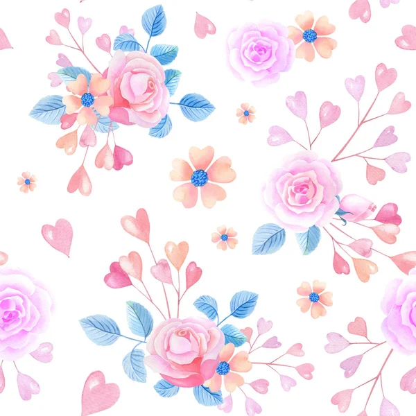 Rosa Aquarellherzen, Rosen auf weißem Hintergrund. Nahtloses Muster mit abstrakten Blüten. Valentinstag — Stockfoto
