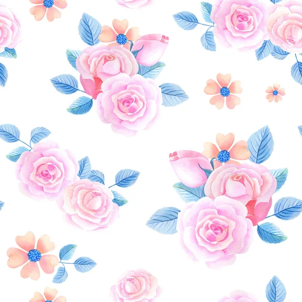 Aquarel bloemen op een witte achtergrond. Naadloos patroon met roze rozen Illustratie — Stockfoto
