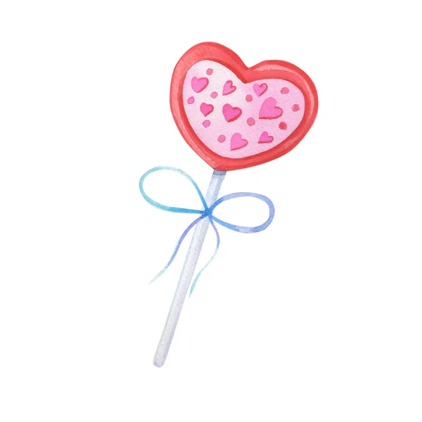Aquarelrood hartvormig snoep op een stokje.Aquarelillustratie voor Valentijnsdag. — Stockfoto