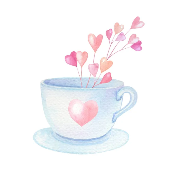 Akvarell kupa rózsaszín szívekkel.Akvarell elszigetelt kép egy fehér háttér. — Stock Fotó