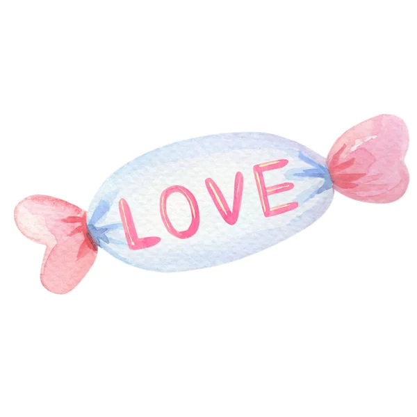 Snoep met de woorden "liefde". Aquarel illustratie voor Valentijnsdag. — Stockfoto