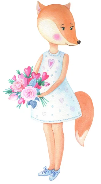 Akvarell Fox csokor virágok, szívek.Akvarell illusztráció aranyos erdei állat — Stock Fotó