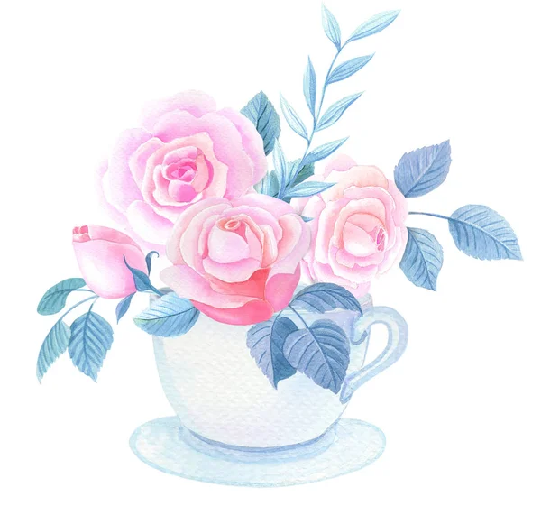 Υδατογραφία Κύπελλο με ροζ τριαντάφυλλα και φύλλα σε λευκό φόντο.Χαριτωμένο ακουαρέλα εικονογράφηση — Φωτογραφία Αρχείου