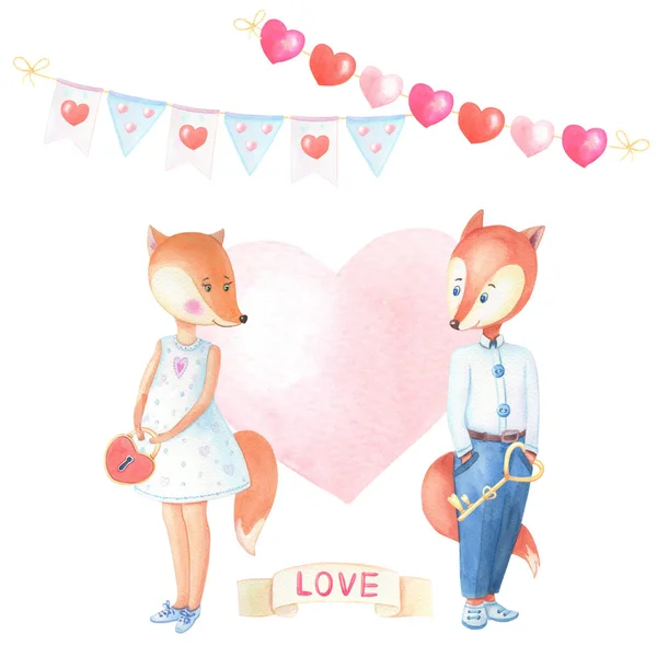 Romantic watercolor Fox-girl,Fox-boy with key,lock,pink heart on white background.Ribbon love . — Stock Photo, Image