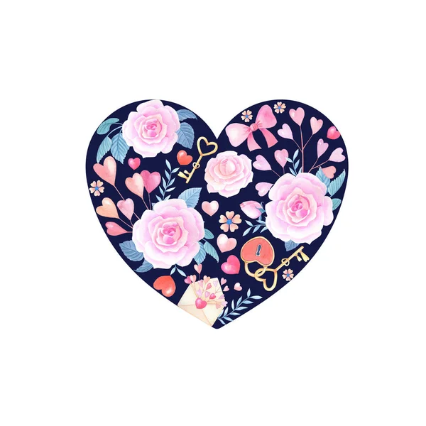 Ρομαντική ακουαρέλα χαιρετισμό card.on ένα λευκό φόντο.Χαριτωμένο ακουαρέλα εικονογράφηση με ένα σύμβολο της αγάπης.Καρδιά με ροζ τριαντάφυλλο, λουλούδι, κλειδαριά — Φωτογραφία Αρχείου