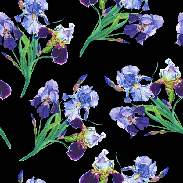 Blauwe en violette irissen. Aquarel bloemen op een witte ondergrond.Illustratie.Naadloos patroon — Stockfoto