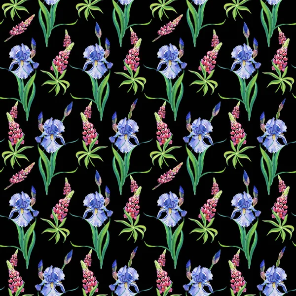 Iris azules y violetas. Flores de acuarela sobre fondo blanco.Ilustración.Patrón sin costuras — Foto de Stock