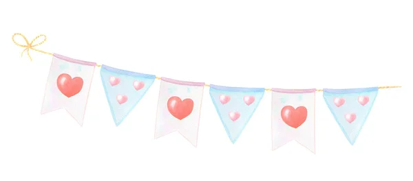 Watercolor garland with red and pink hearts.Watercolour illustration for Valentines Day with a symbol of love.Decorative element for cards, birthday invitations, parties and other holidays. — ストック写真