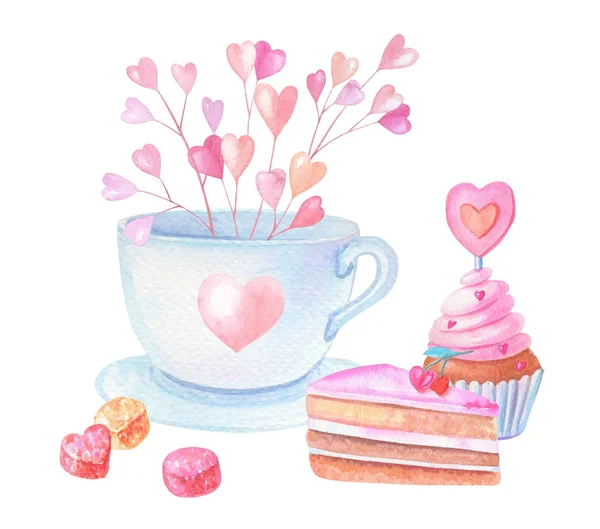 Watercolor Cup with pink hearts,cakes, marmalades, sweets for Valentines Day — 스톡 사진