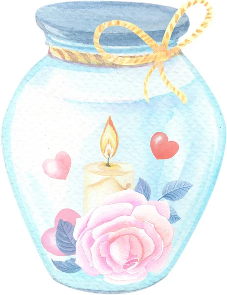 Εικονογράφηση ακουαρέλα για την ημέρα του Αγίου Βαλεντίνου Μια σύνθεση ενός κεριού, ένα ροζ τριαντάφυλλο και καρδιές — Φωτογραφία Αρχείου