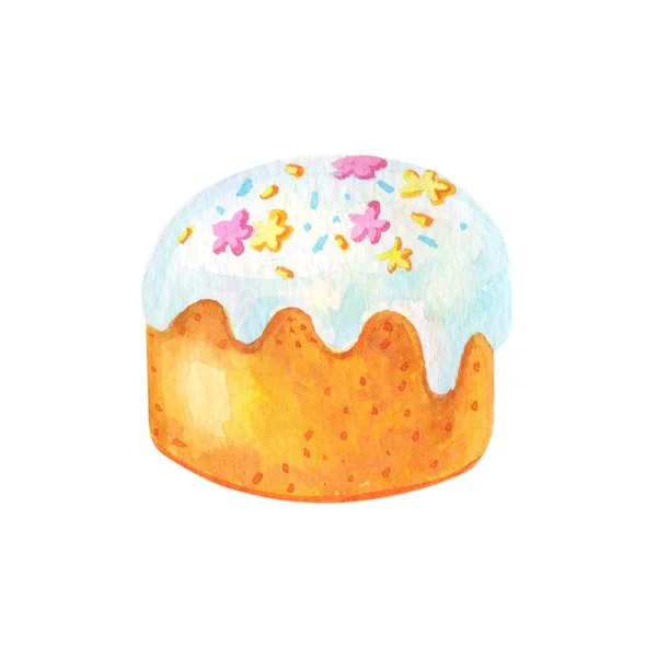 Easter cake with glaze and blue ribbon.Watercolor illustration with traditional pastries.Clipart — 图库照片