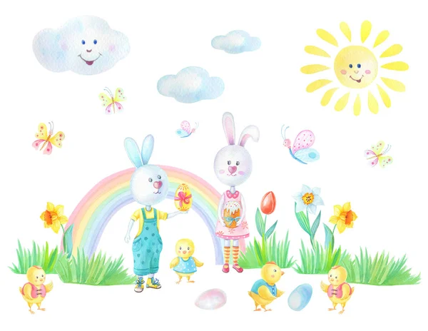 Tarjeta de Pascua con liebres, pollos, arcoíris, huevos, hierba, flores, mariposas, sol sobre un fondo blanco . — Foto de Stock