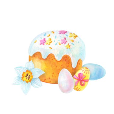 Paskalya pastası jöleli, yumurtalı, çiçekli narsis. Geleneksel hamur işleriyle suluboya resimleri..