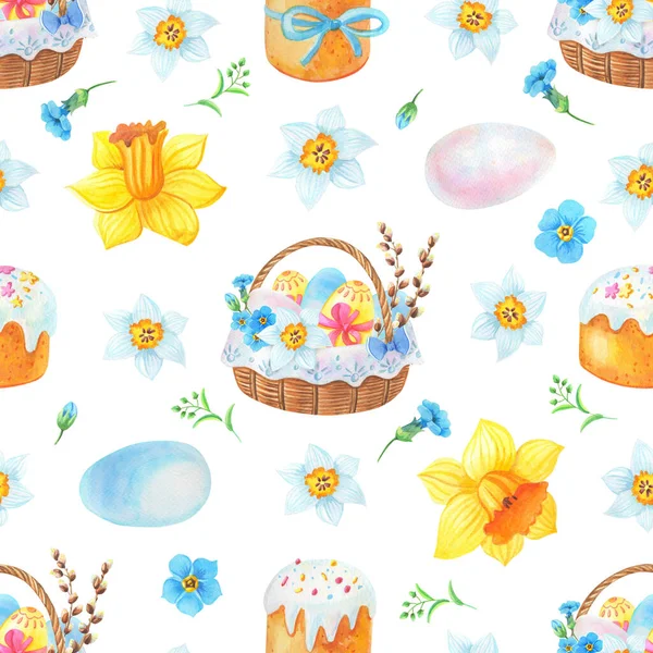 Spring seamless pattern.Wicker basket with eggs and flowers,easter cake. Watercolor holiday — Stock Photo, Image