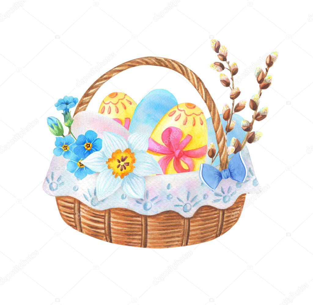 Watercolor wicker basket with Easter eggs and flowers. Spring holiday illustration with willow,