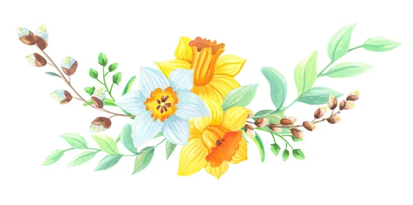 Bouquet de Pâques aquarelle de jonquilles, saule, brindilles vertes.Arrangement de fleurs de printemps avec narcisse jaune et blanche — Photo