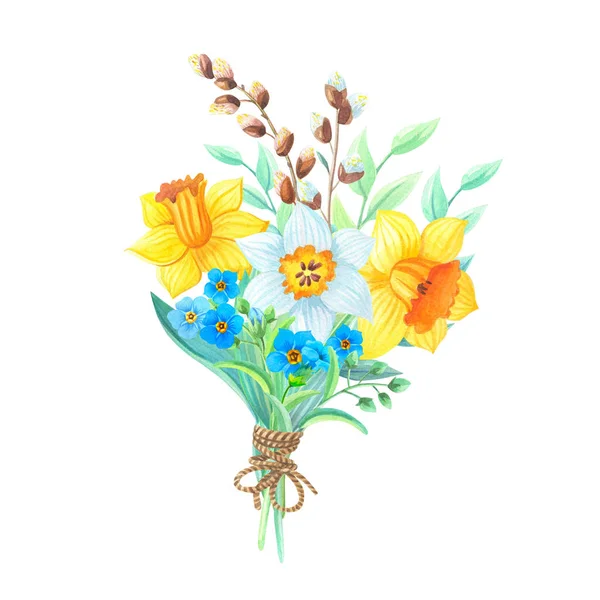 Υδατογραφία Πασχαλινό μπουκέτο νάρκισσων, ιτιάς, πράσινων κλαδιών. Σύνθεση ανοιξιάτικων λουλουδιών με κίτρινο και λευκό νάρκισσο — Φωτογραφία Αρχείου