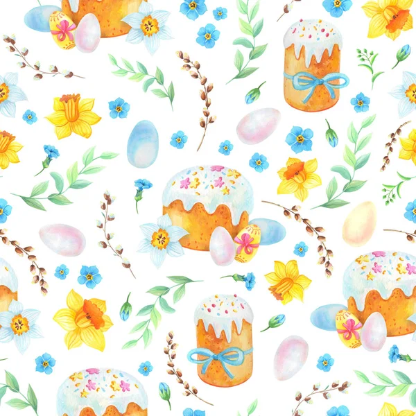 Easter seamless pattern.Spring flowers,eggs,cake. Watercolor holiday illustration with chicken,willow,Narcissus,