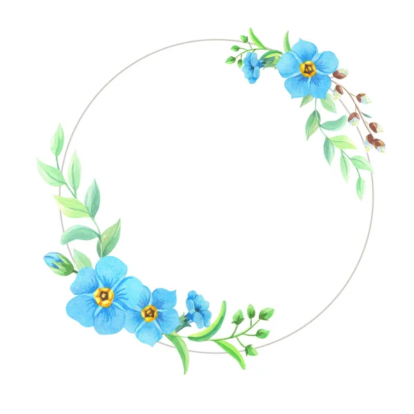 Watercolor wreath of blue forget-me-nots,willow.Set of spring flowers,Easter twig,leaves — Stok fotoğraf