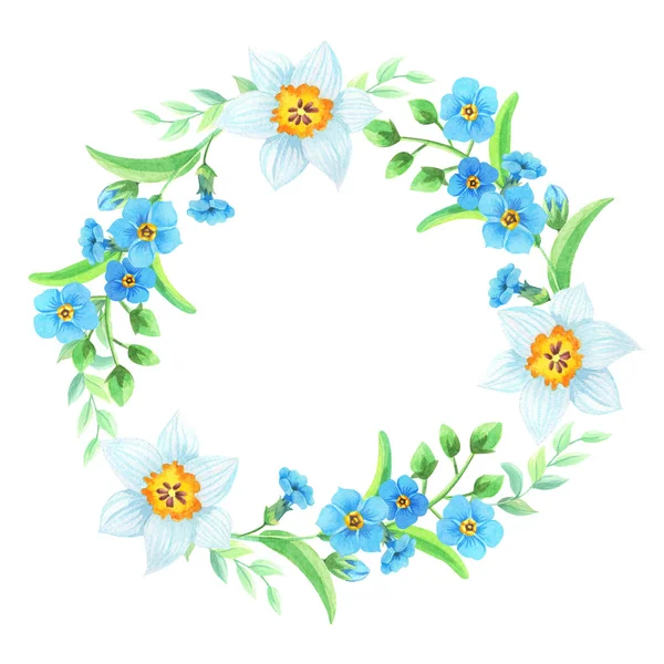 Akvarelový Věnec Zapomínek Narcisy Akvarel Blahopřání Modrými Bílými Květinami Jarní — Stock fotografie