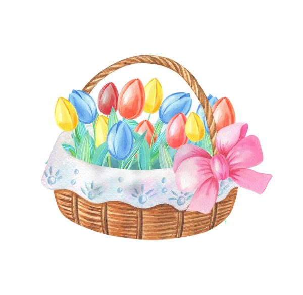 Watercolor Wicker Basket Tulips Pink Bow Watercolour Greeting Card Red — Stock Photo, Image