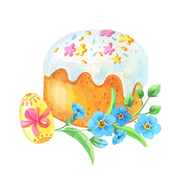 Pastel Pascua Con Esmalte Huevo Azul Olvidarme Flor Ilustración Acuarela — Foto de Stock