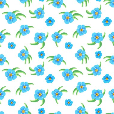 Beyaz bir arka planda unutma.Mavi çiçekli gevşek desenler. Bahar tatili örtüsü, baskısı, kumaşı, tekstili için vektör çizimi..