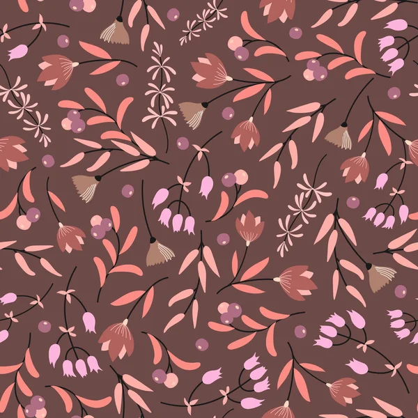 Lindo patrón abstracto sin costuras con pequeñas flores de colores en el fondo marrón. — Vector de stock