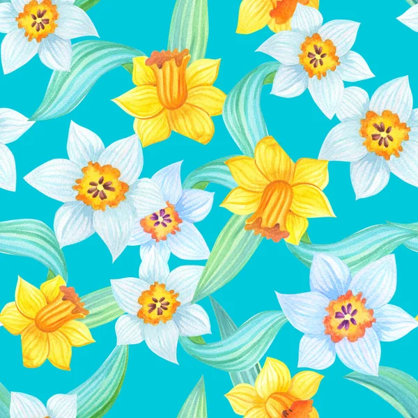 Spring illustration with yellow and white daffodils on blue background.Watercolor — Stock fotografie