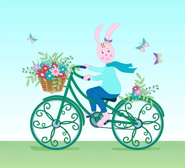 Pink Bunny in a scarf on a vintage green bike carries a basket — Stock Vector