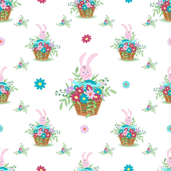 Linda cesta de mimbre con flores, hojas sobre un fondo blanco.Patrón sin costuras para la primavera y el verano.Ilustración vectorial para el diseño del país — Vector de stock