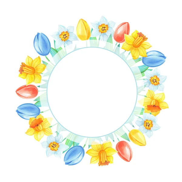 Frühlingsrahmen.Aquarell-Illustration mit bunten Tulpen, Narzissen auf weißem Hintergrund .Aquarell-Blumenstrauß. — Stockfoto